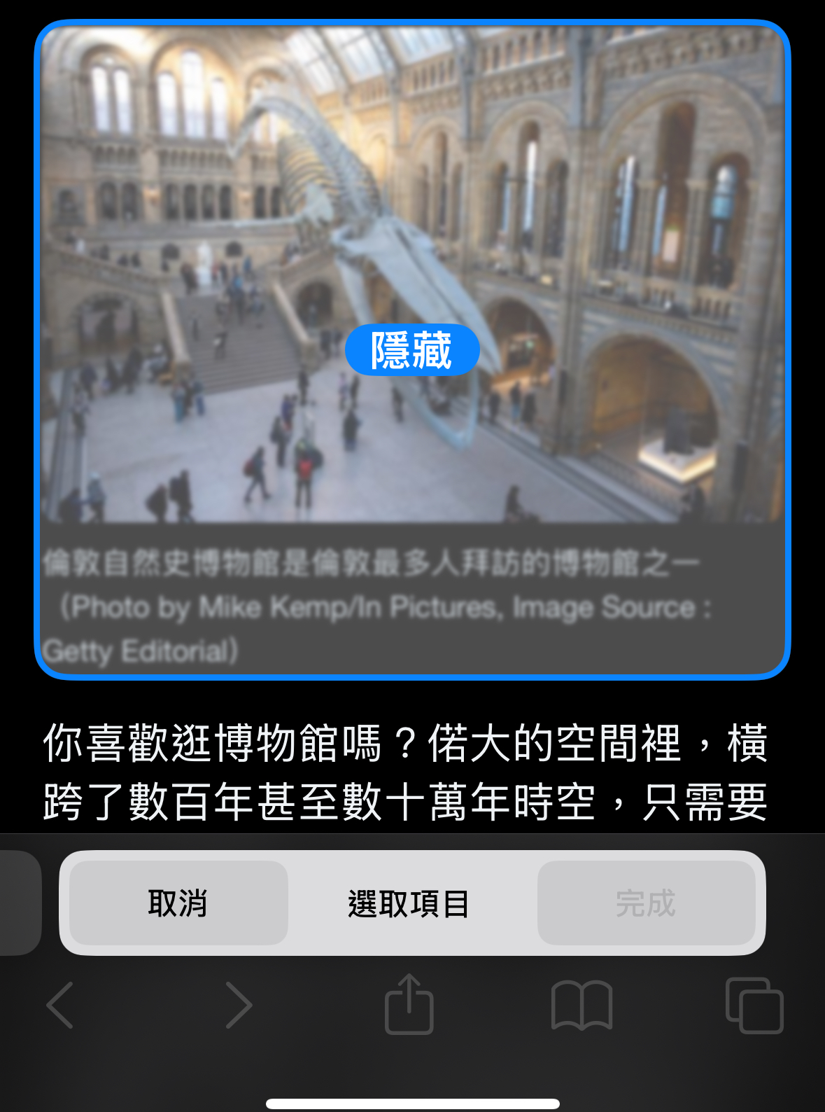 safari瀏覽器隱藏廣告區塊的選取畫面